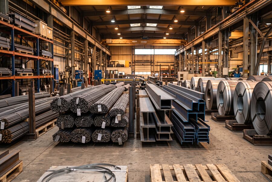 Steel products in a distribution warehouse